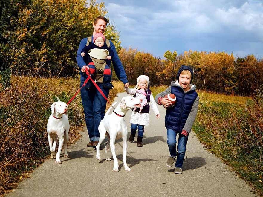 Le chien se promène avec la famille