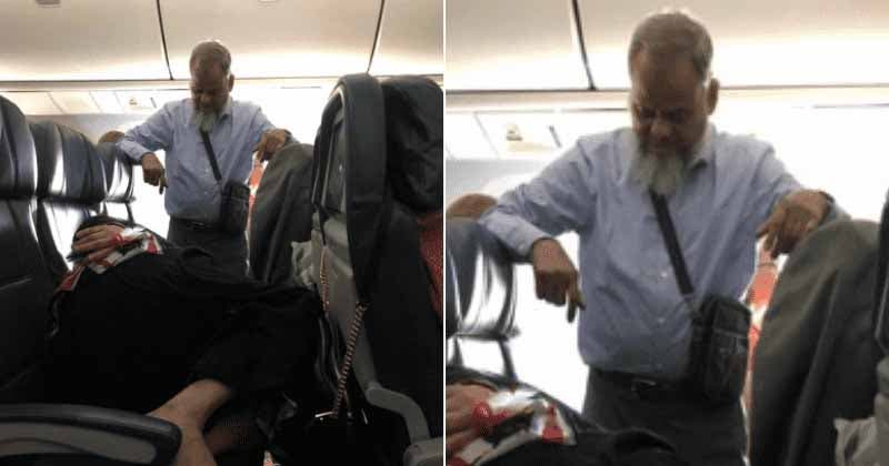 Photos d’un homme debout dans l’avion tandis que sa femme est allongée sur les sièges