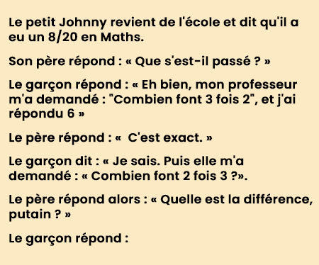 Le petit Johnny rentre de l’école et annonce qu’il a obtenu un 8/20