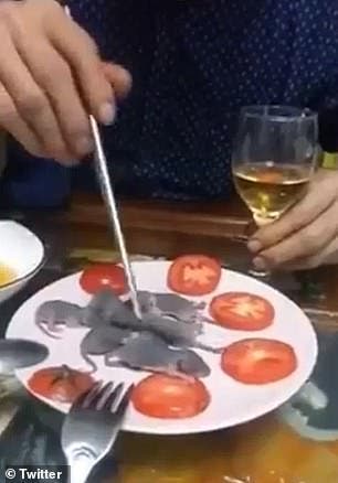 Un chinois trempe une souris vivante dans la sauce avant de la manger